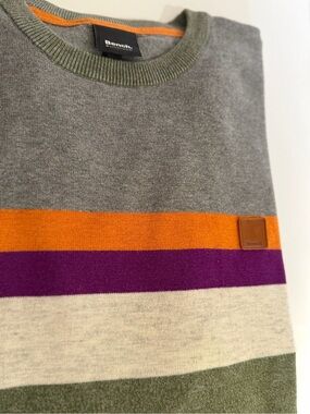 Bench Gray Crewneck Sweater with Orange, Purple & Olive Stripes